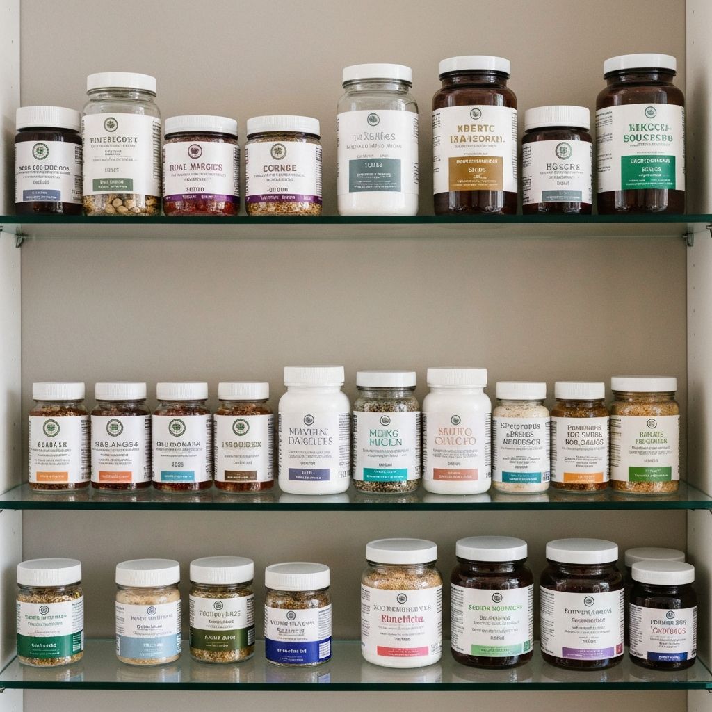 Organisiertes Regal mit Supplement-Gläsern, Kapseln, Pulvern und Kräutern in Glasbehältern