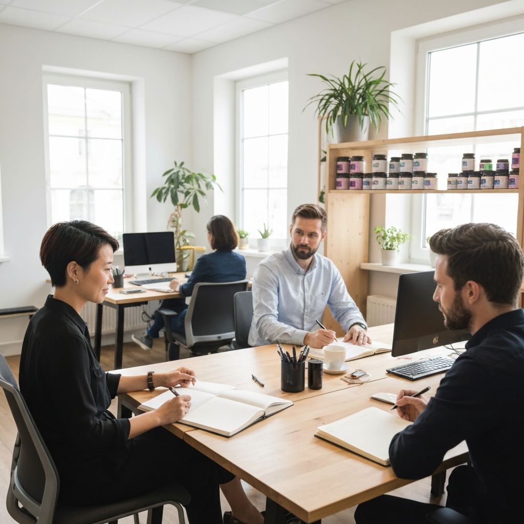Kleines Fachteam in modernem österreichischem Coworking Space mit Notizen und Supplement-Gläsern auf dem Regal